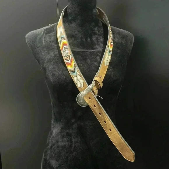 Nocona Genuine Leather,removable silver embossed buckle,Conchos,Aztec embroidery - Picture 1 of 12